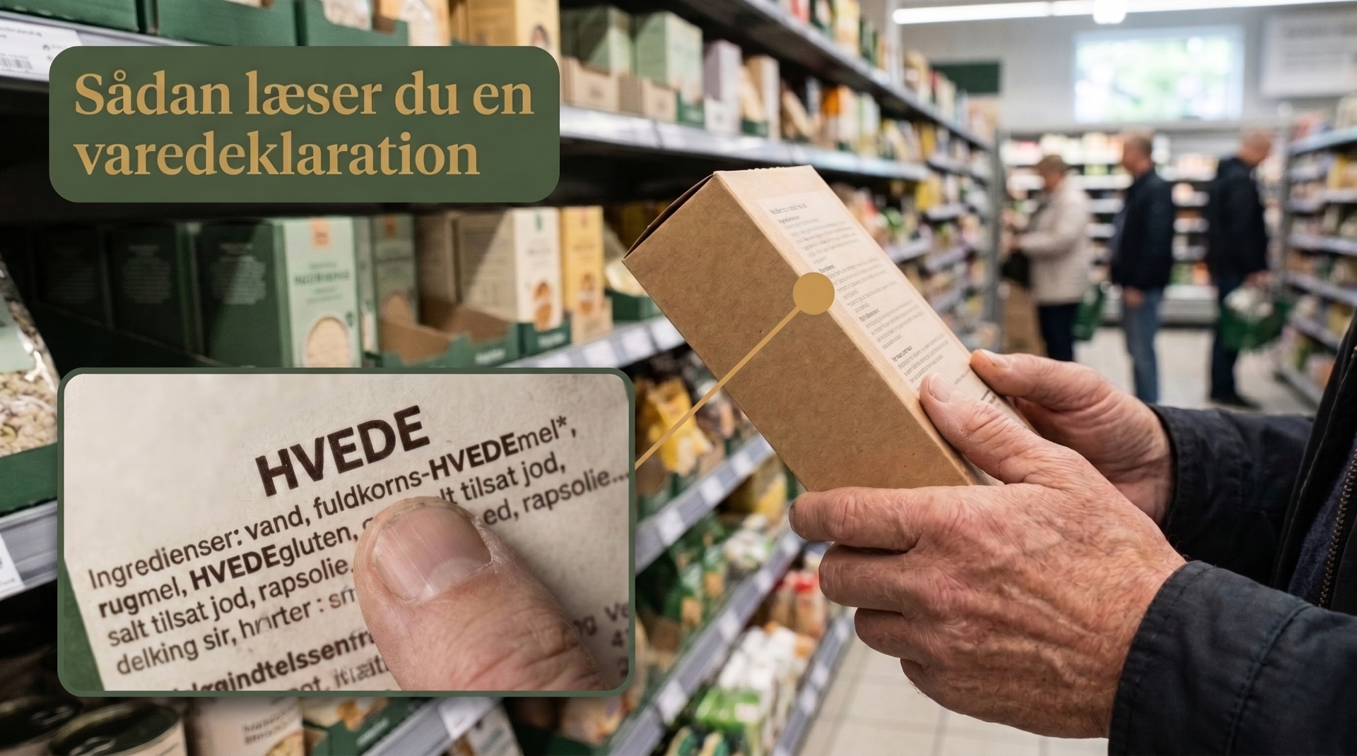 Sådan læser du en varedeklaration - zoom viser HVEDE, rugmel og HVEDEgluten fremhævet i ingredienslisten.