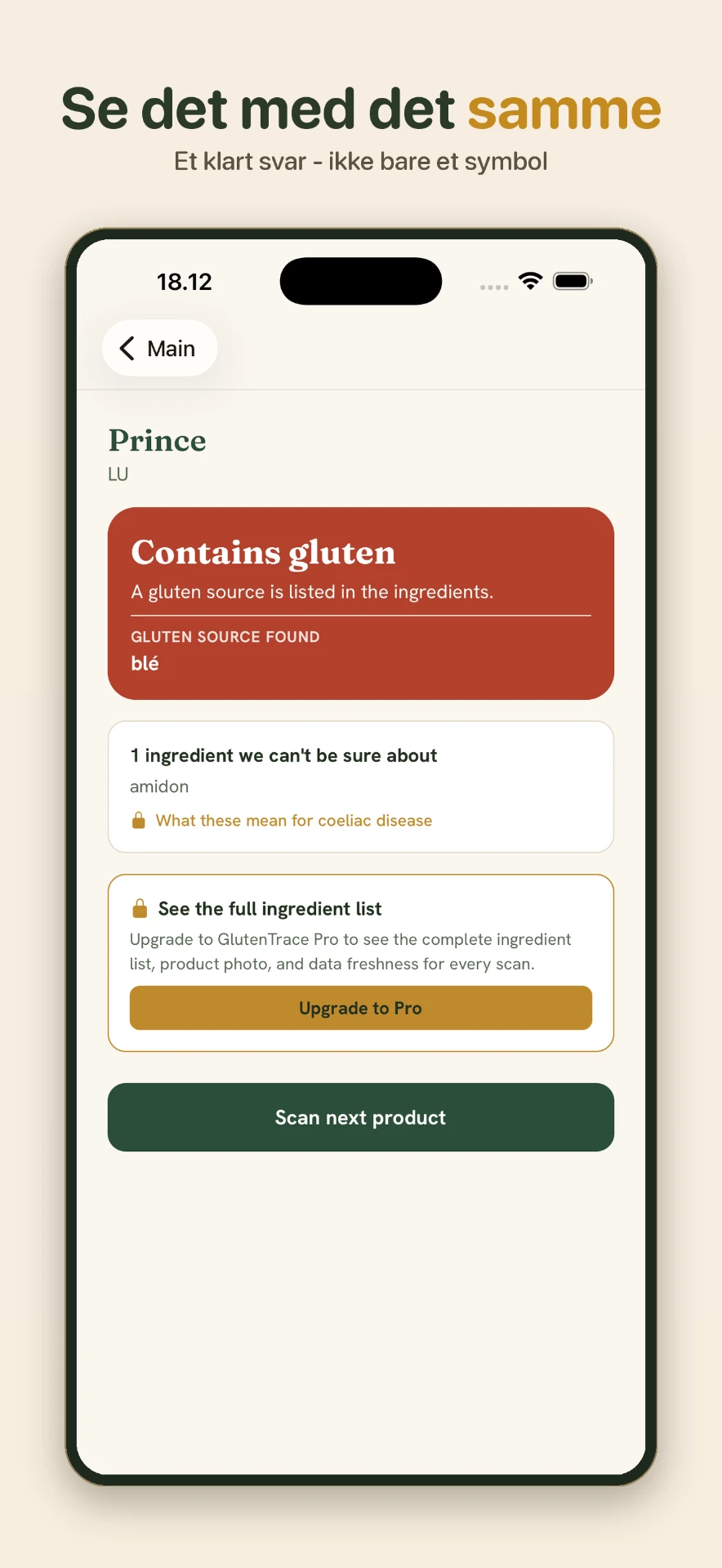 GlutenTrace: klart svar med det samme - indeholder gluten